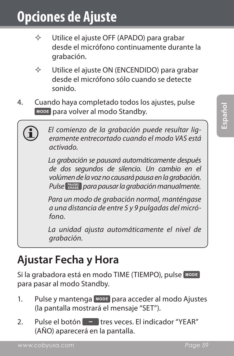 Ajustar fecha y hora, Opciones de ajuste | COBY electronic CXR190-1G User Manual | Page 59 / 116