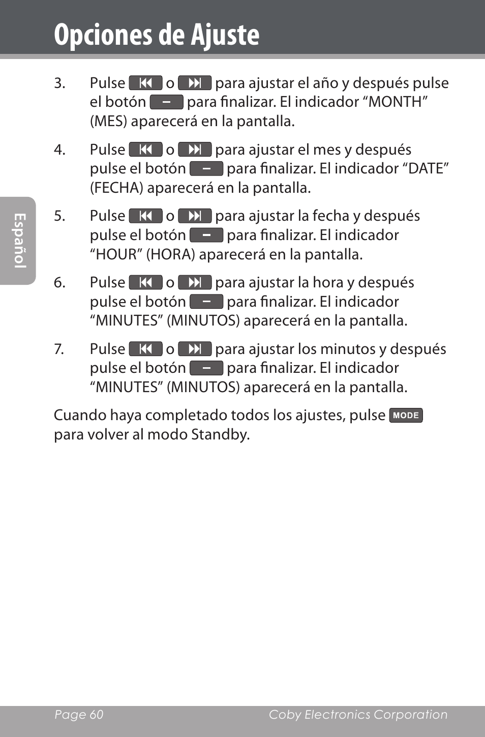 Opciones de ajuste | COBY electronic CXR190-1G User Manual | Page 60 / 116