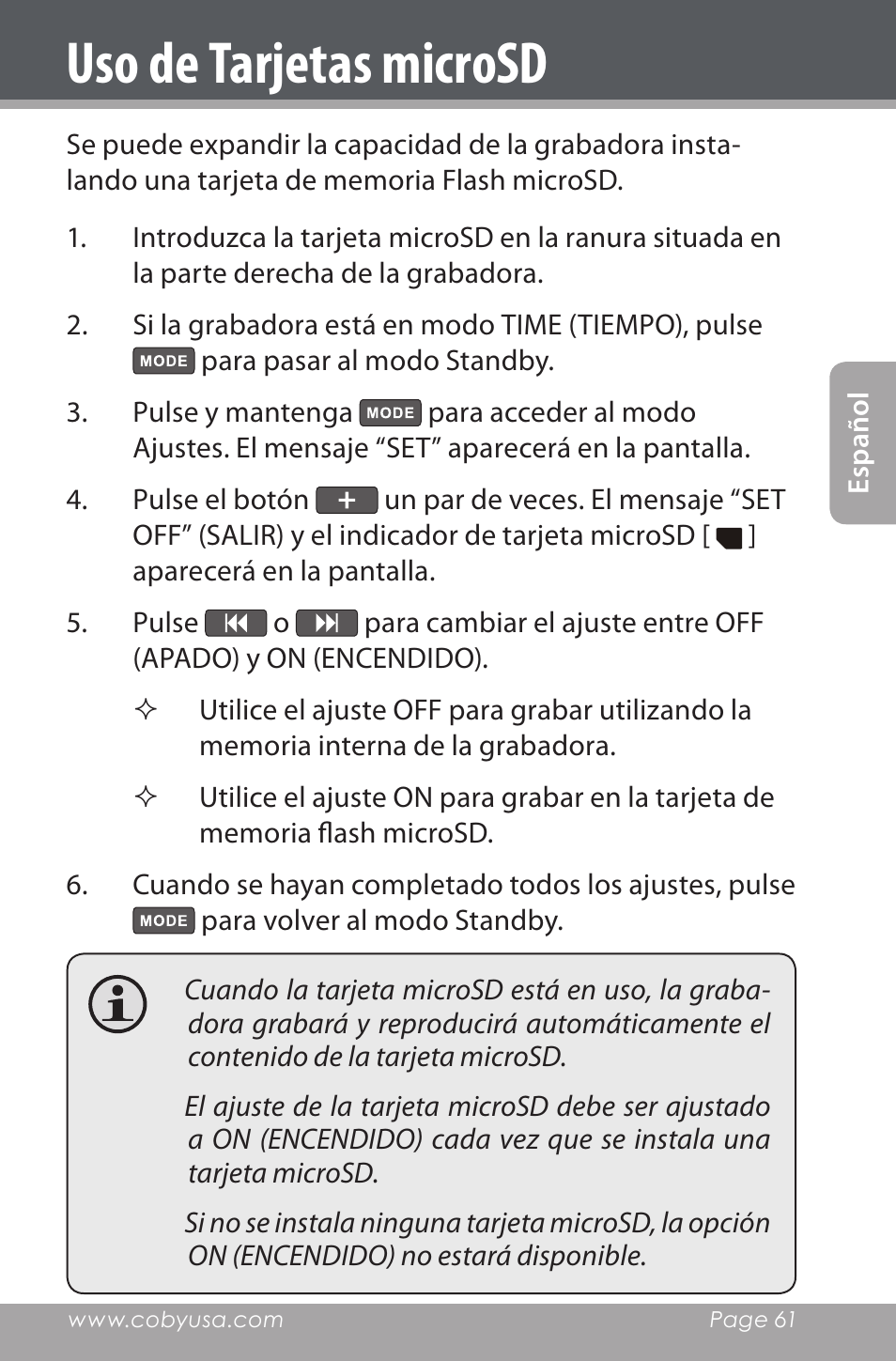 Uso de tarjetas microsd | COBY electronic CXR190-1G User Manual | Page 61 / 116