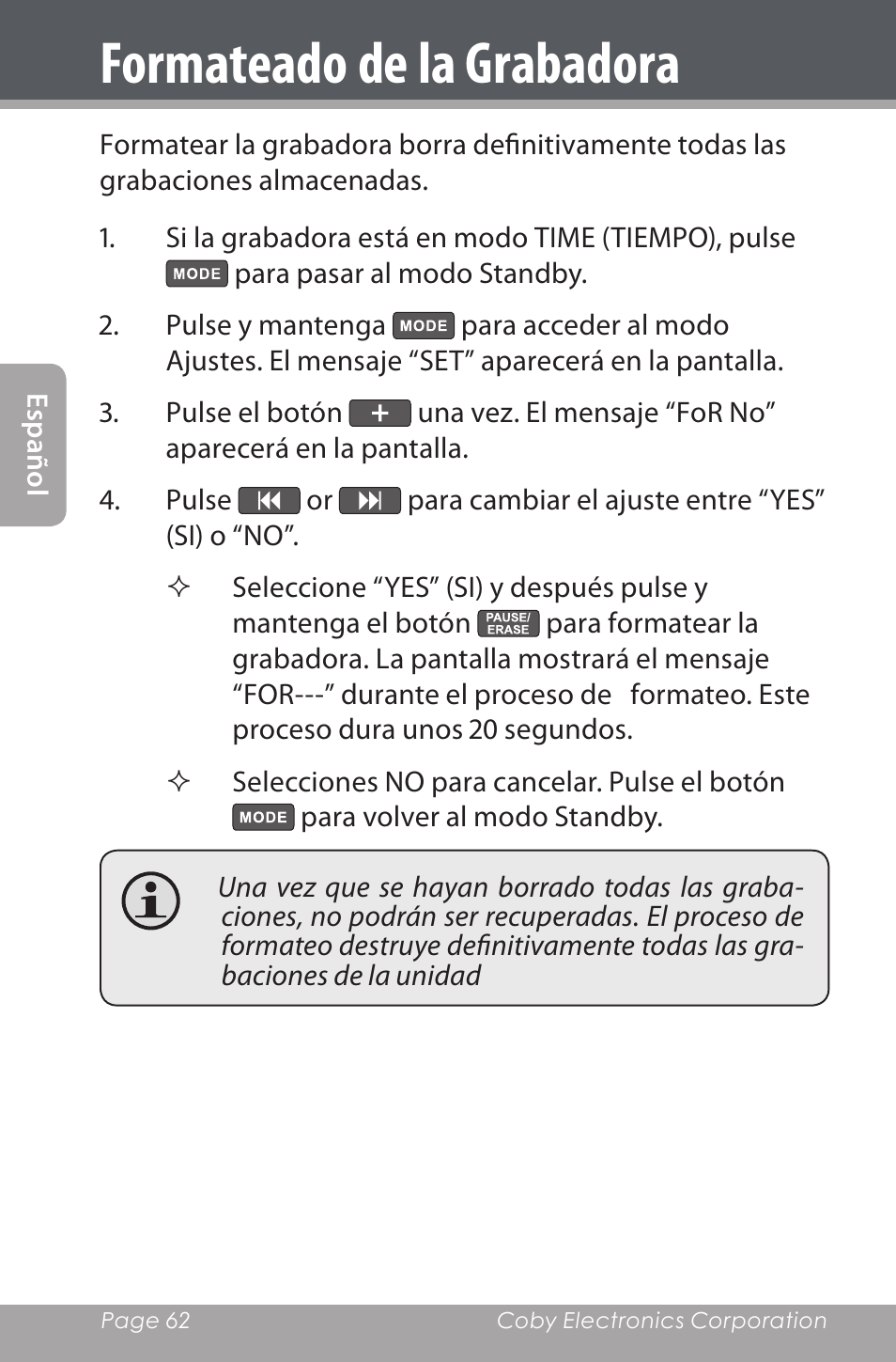 Formateado de la grabadora | COBY electronic CXR190-1G User Manual | Page 62 / 116