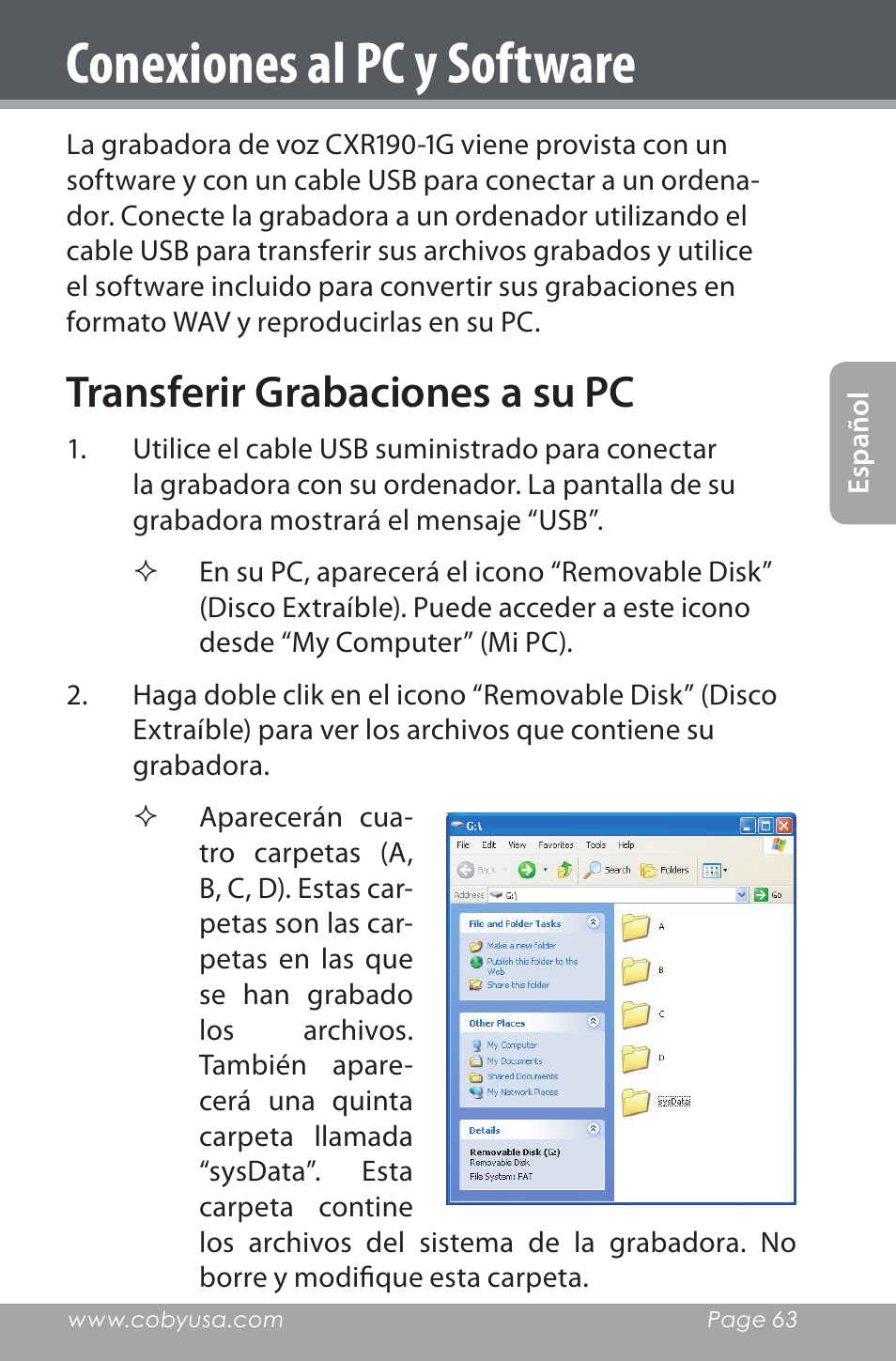 Conexiones al pc y software, Transferir grabaciones a su pc | COBY electronic CXR190-1G User Manual | Page 63 / 116