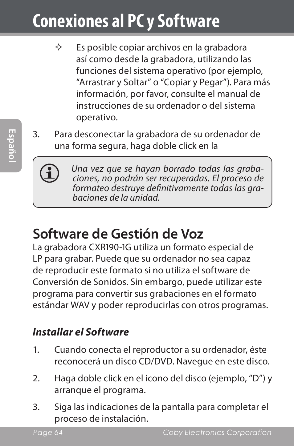 Software de gestión de voz, Installar el software, Conexiones al pc y software | COBY electronic CXR190-1G User Manual | Page 64 / 116