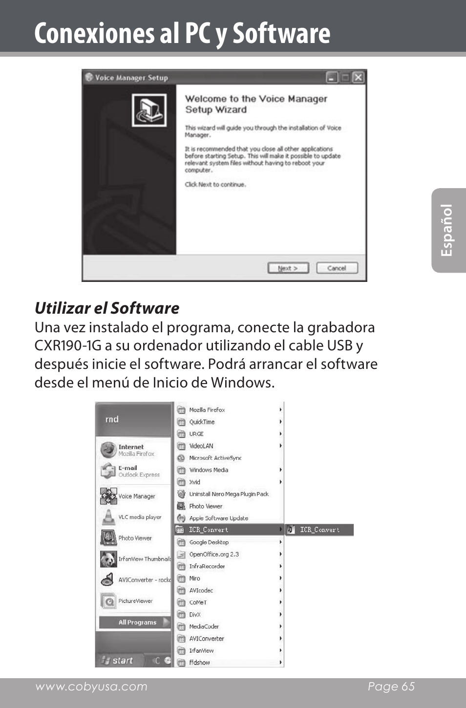 Utilizar el software, Conexiones al pc y software | COBY electronic CXR190-1G User Manual | Page 65 / 116