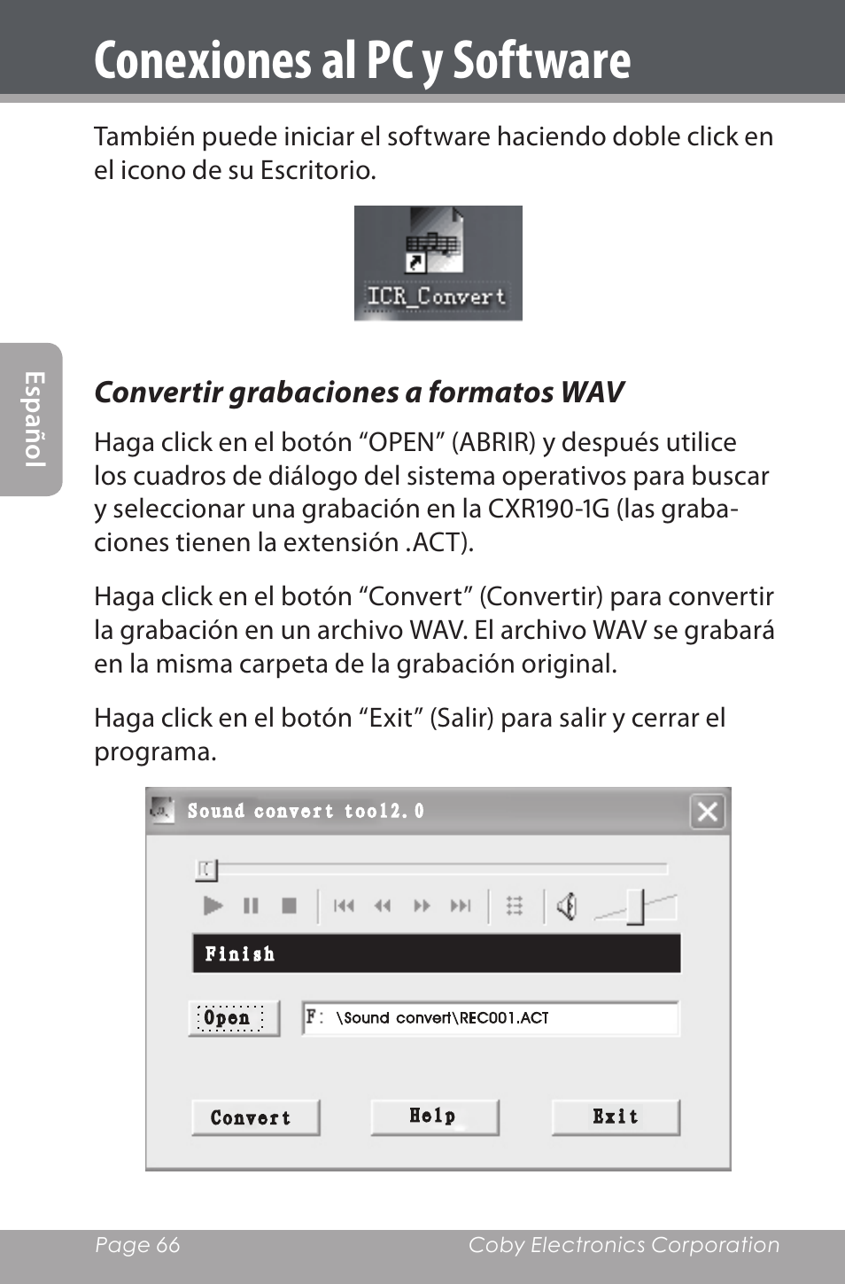 Convertir grabaciones a formatos wav, Conexiones al pc y software | COBY electronic CXR190-1G User Manual | Page 66 / 116