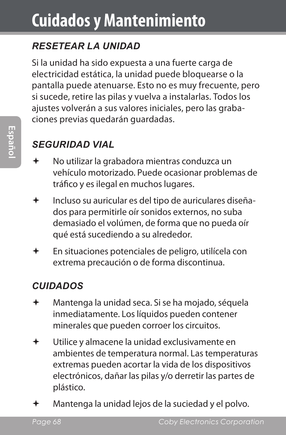 Cuidados y mantenimiento | COBY electronic CXR190-1G User Manual | Page 68 / 116