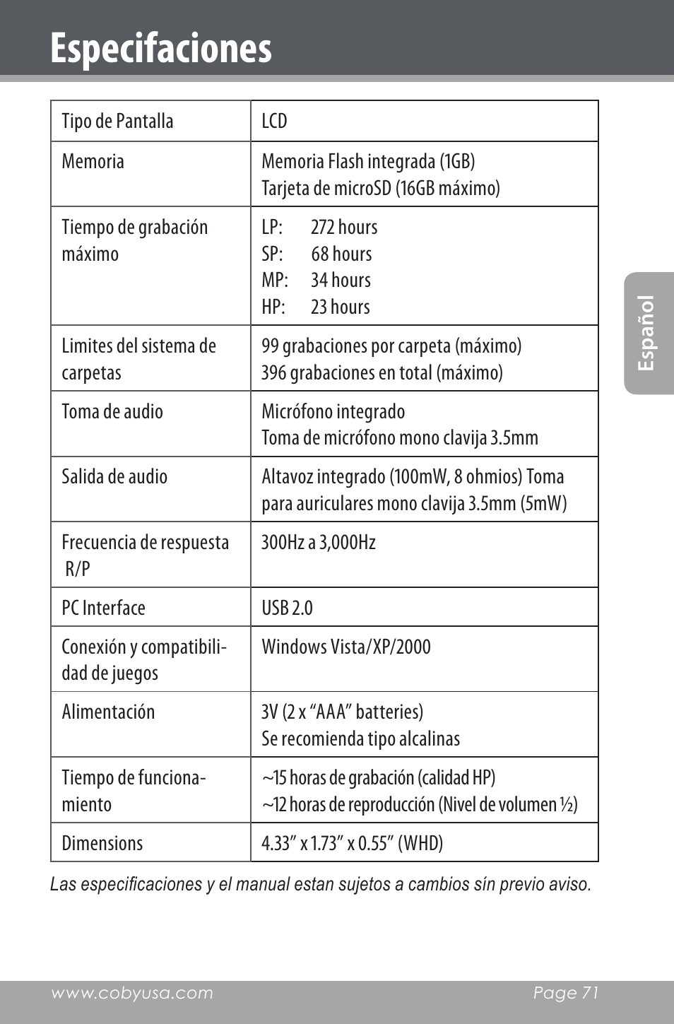 Especifaciones | COBY electronic CXR190-1G User Manual | Page 71 / 116