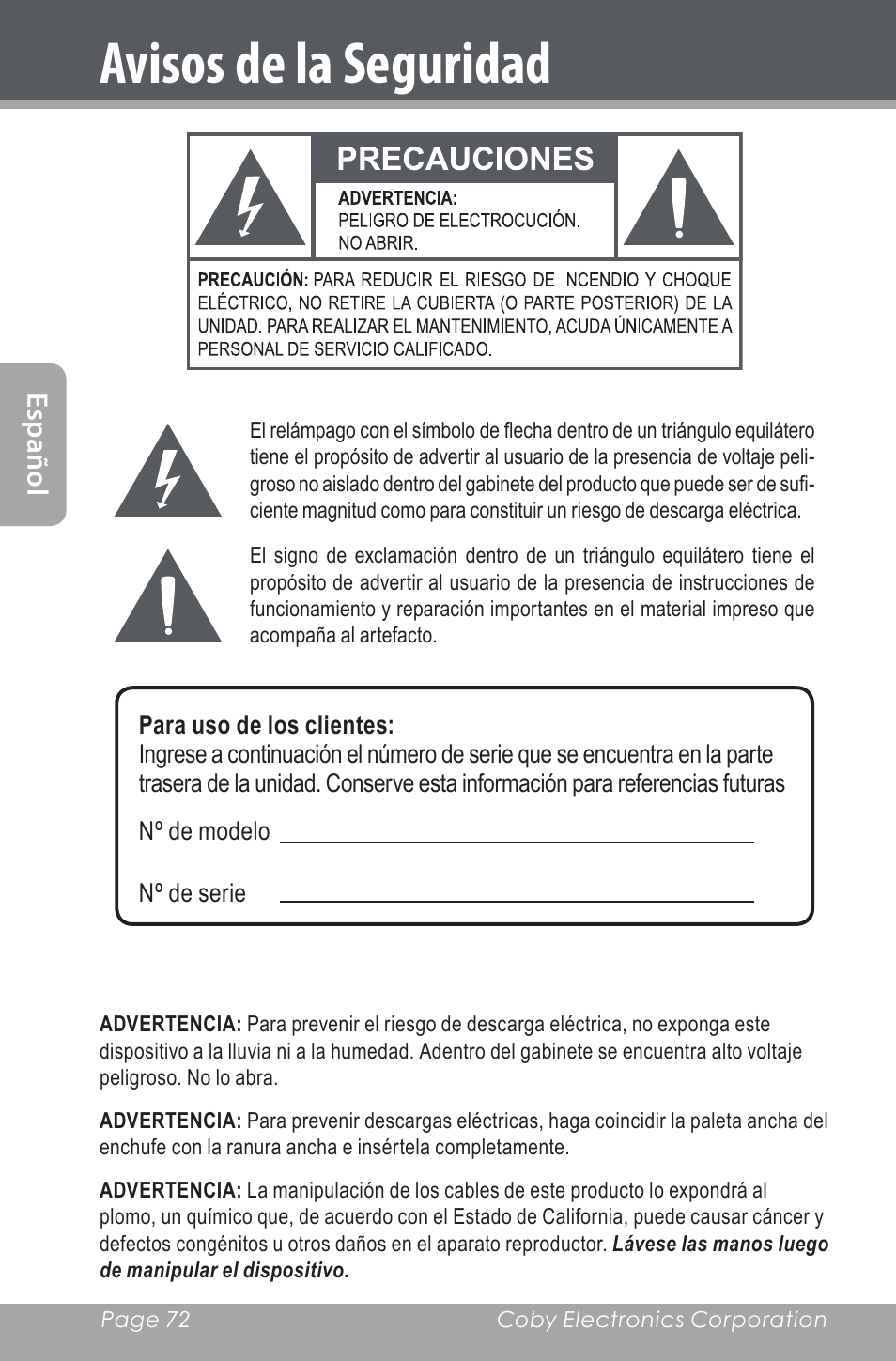 Avisos de la seguridad, Es pa ño l | COBY electronic CXR190-1G User Manual | Page 72 / 116