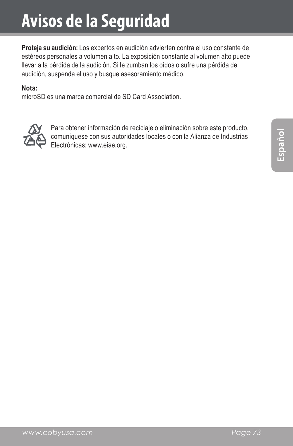 Avisos de la seguridad | COBY electronic CXR190-1G User Manual | Page 73 / 116