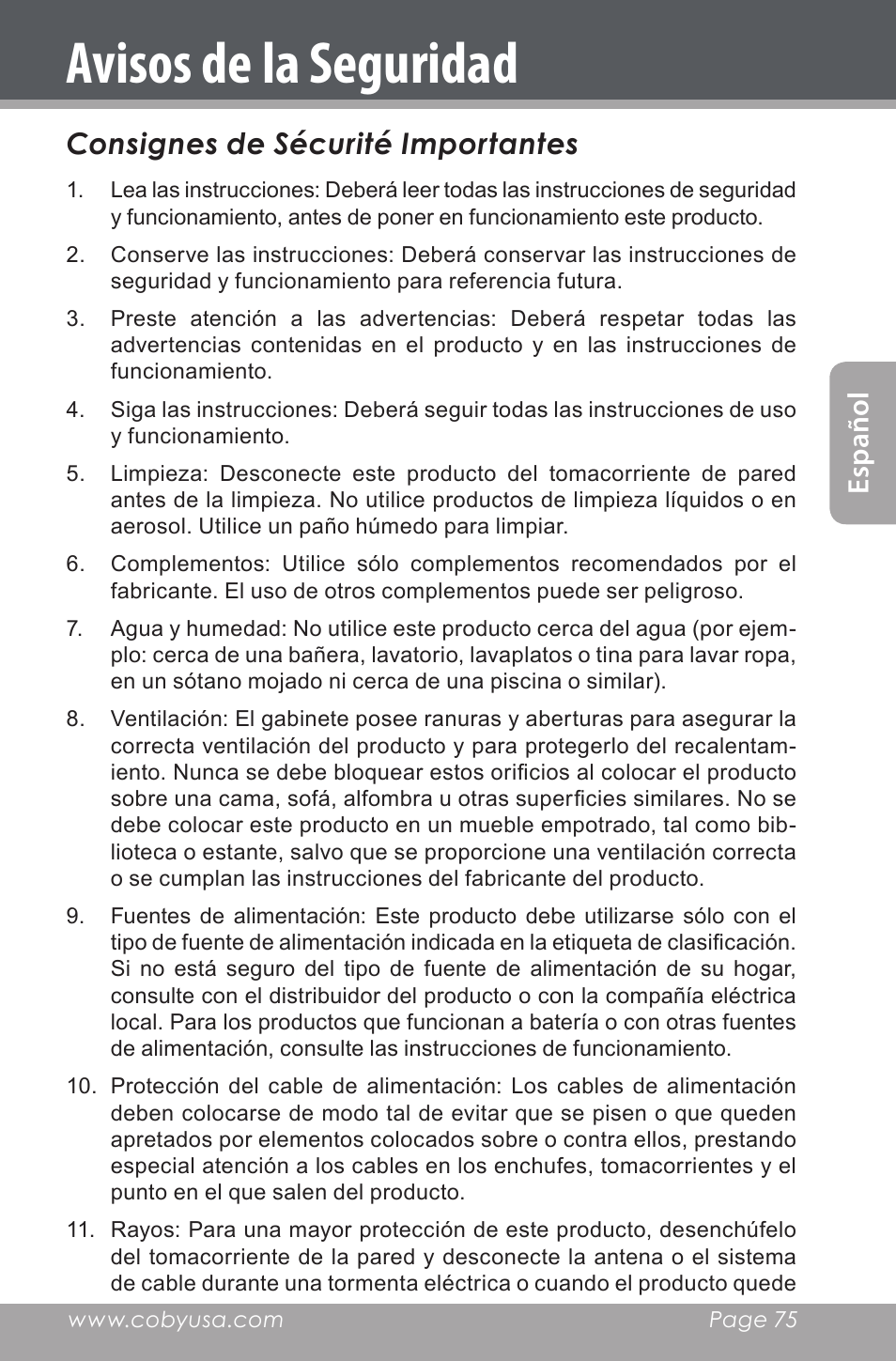 Avisos de la seguridad, Es pa ño l consignes de sécurité importantes | COBY electronic CXR190-1G User Manual | Page 75 / 116