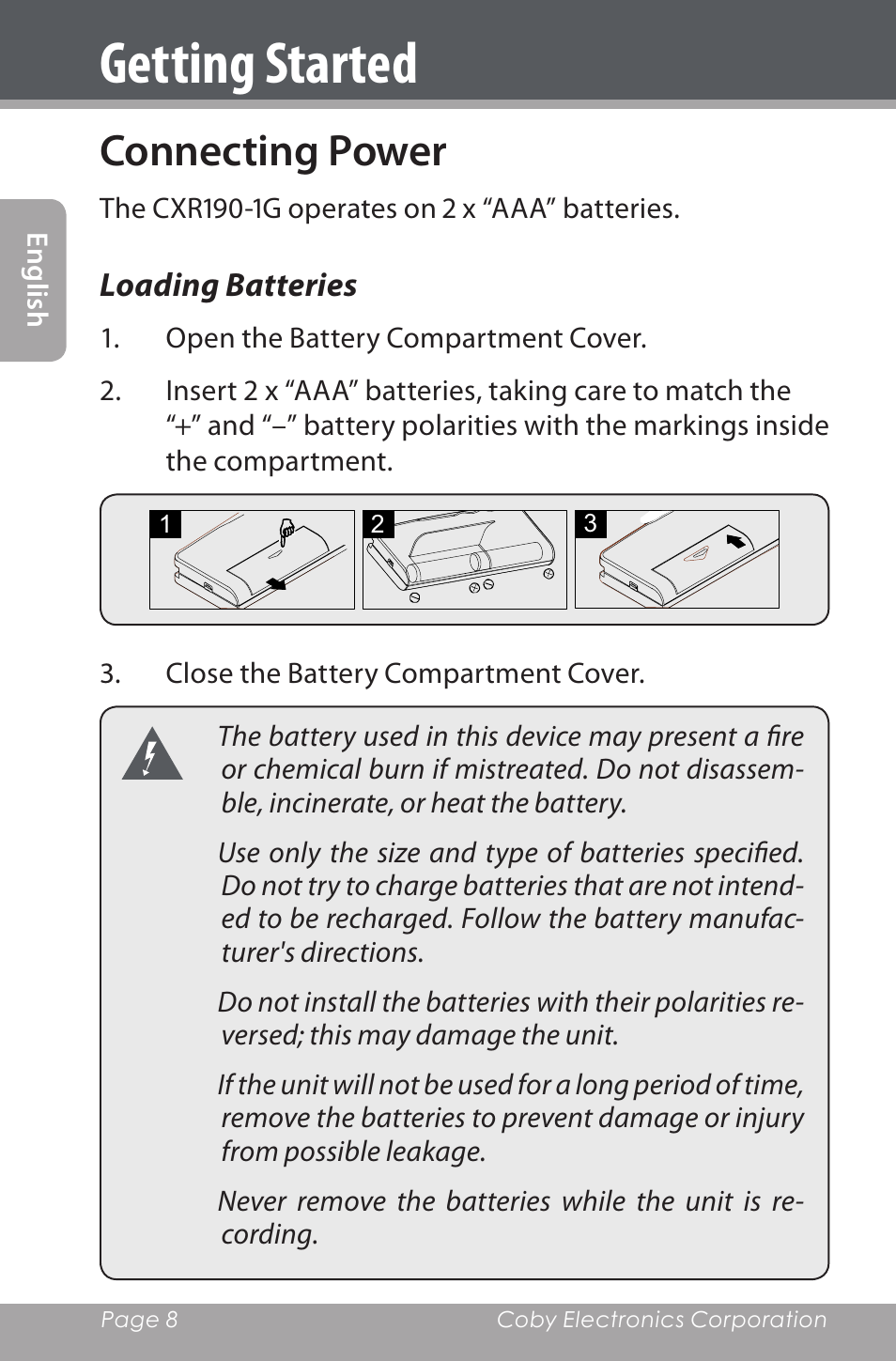 Connecting power, Loading batteries, Getting started | COBY electronic CXR190-1G User Manual | Page 8 / 116