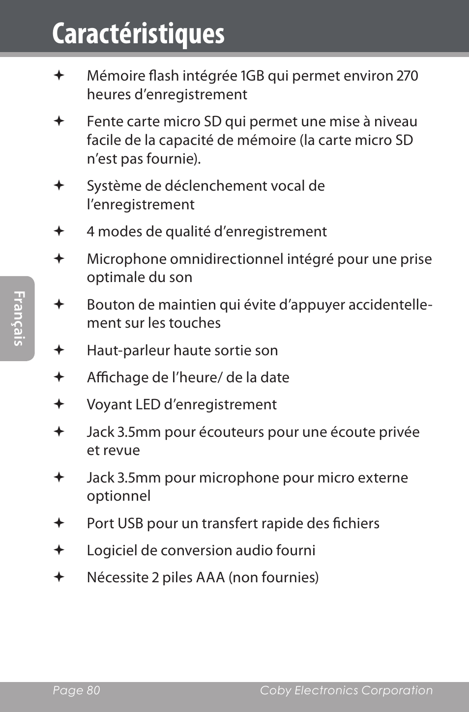 Caractéristiques | COBY electronic CXR190-1G User Manual | Page 80 / 116