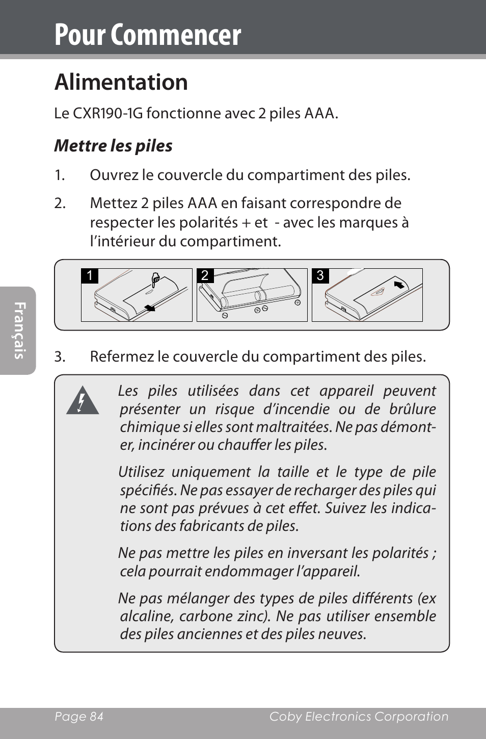 Alimentation, Mettre les piles, Pour commencer | COBY electronic CXR190-1G User Manual | Page 84 / 116