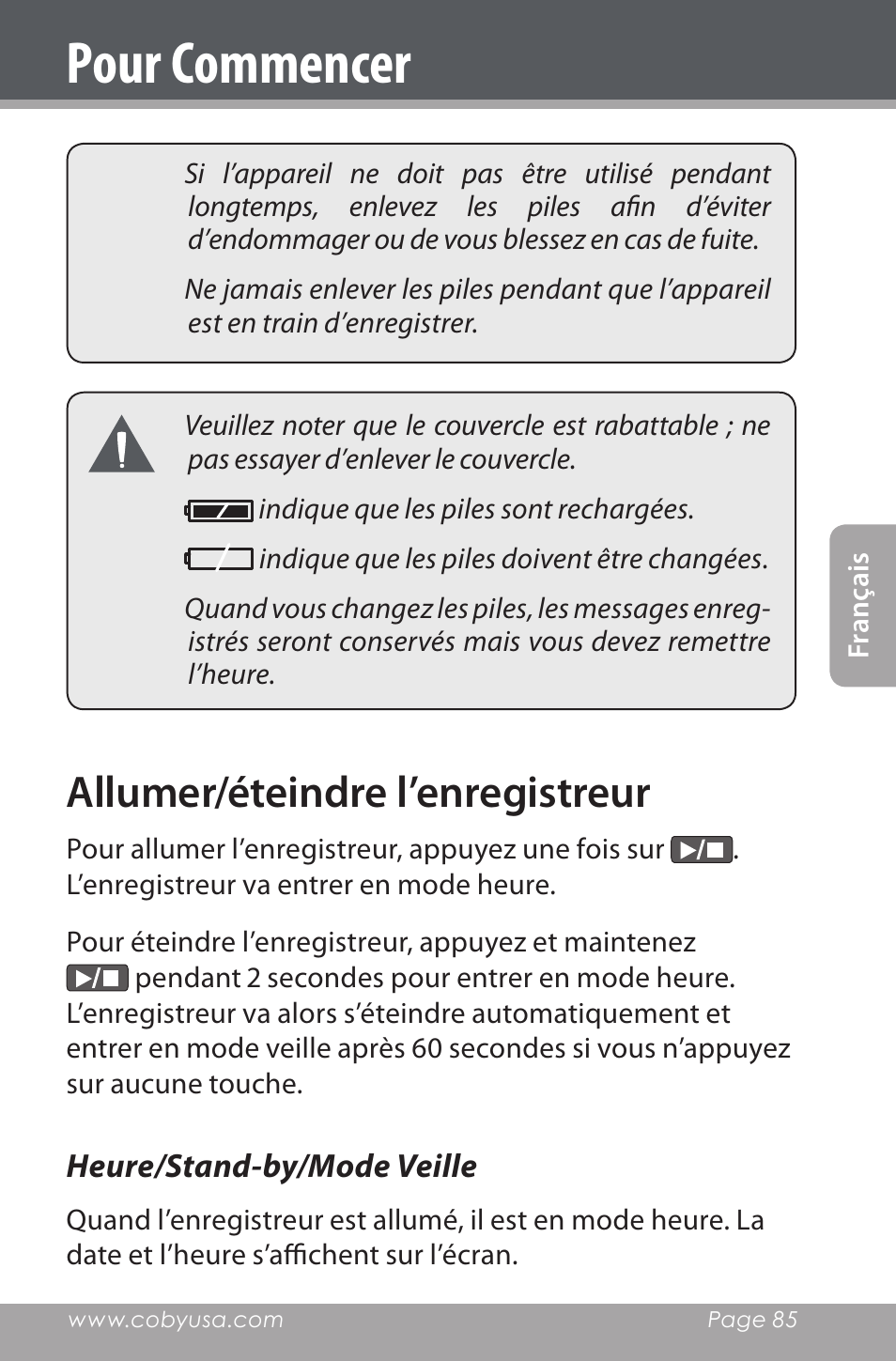 Allumer/éteindre l’enregistreur, Heure/stand-by/mode veille, Pour commencer | COBY electronic CXR190-1G User Manual | Page 85 / 116