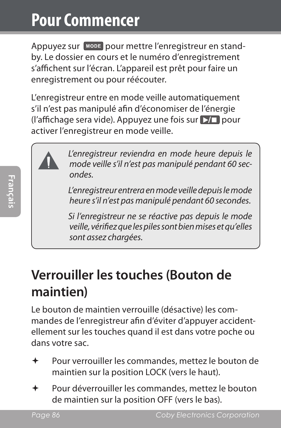 Verrouiller les touches (bouton de maintien), Pour commencer | COBY electronic CXR190-1G User Manual | Page 86 / 116