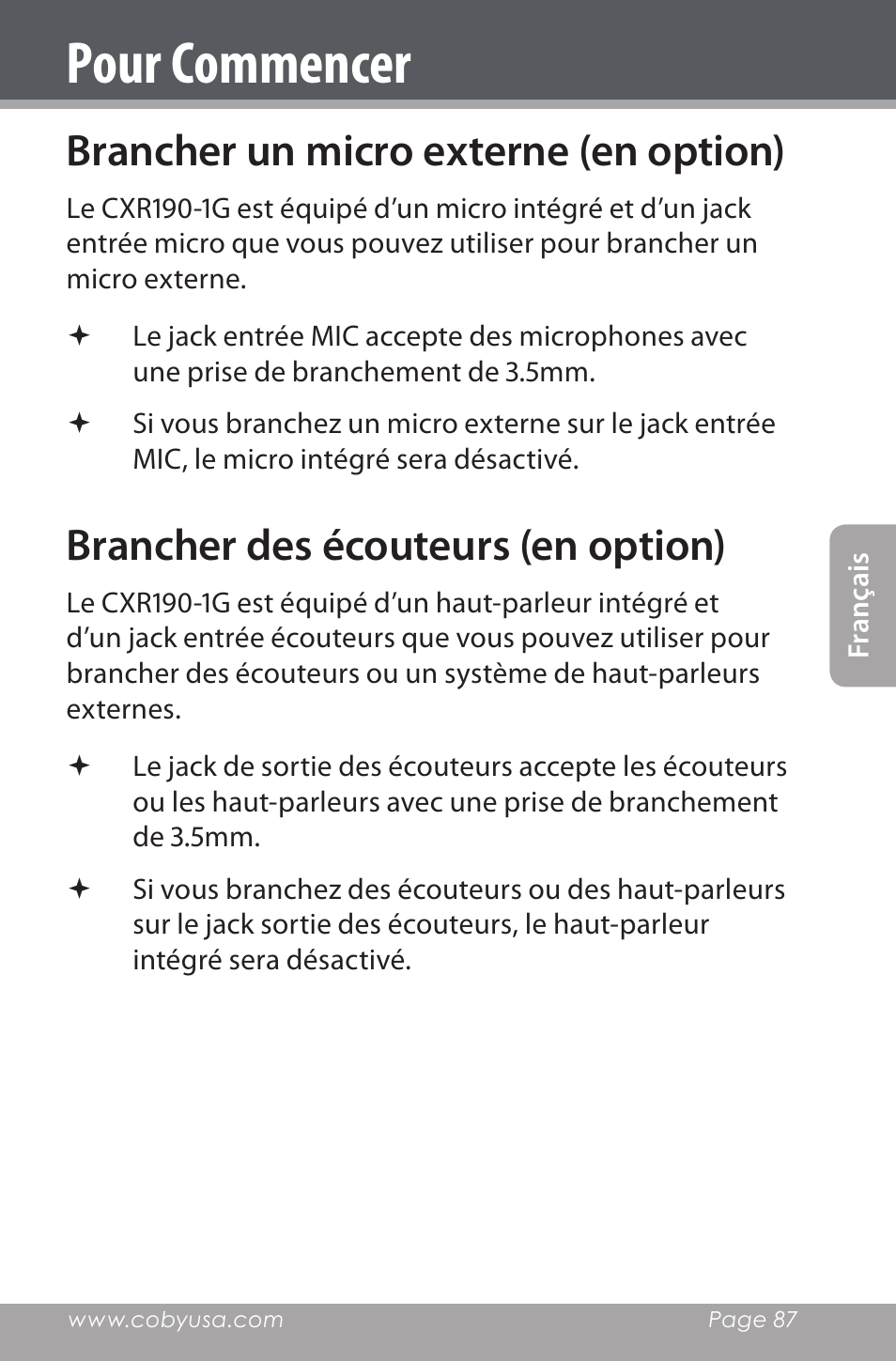 Brancher un micro externe (en option), Brancher des écouteurs (en option), Pour commencer | COBY electronic CXR190-1G User Manual | Page 87 / 116