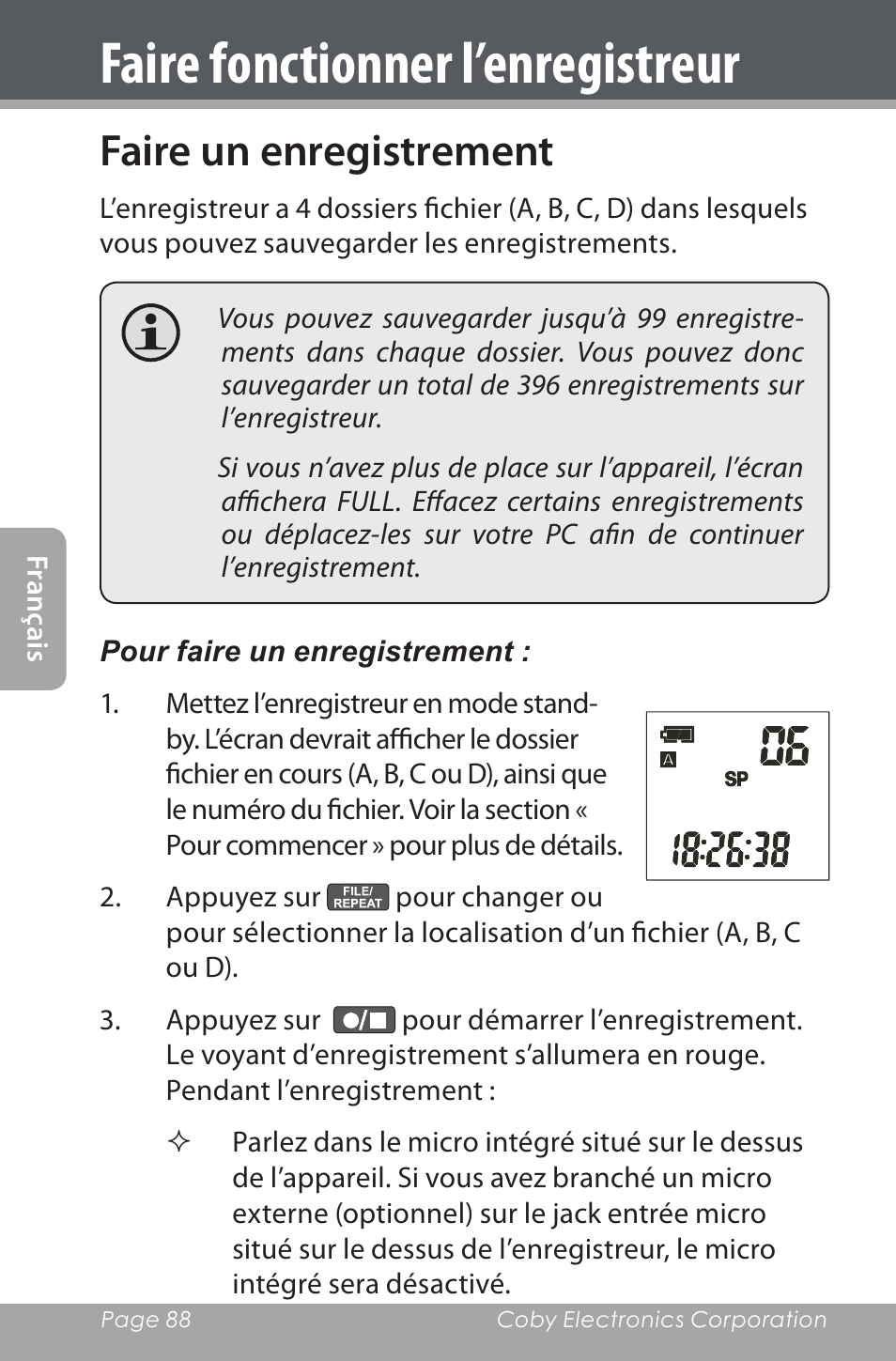 Faire fonctionner l’enregistreur, Faire un enregistrement | COBY electronic CXR190-1G User Manual | Page 88 / 116