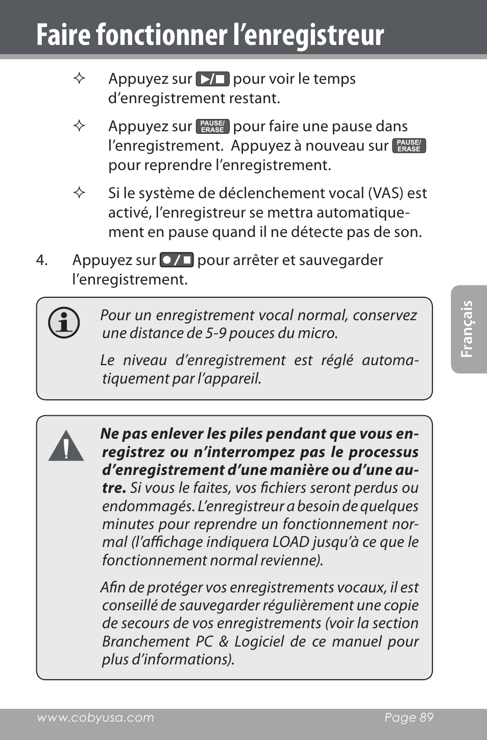 Faire fonctionner l’enregistreur | COBY electronic CXR190-1G User Manual | Page 89 / 116