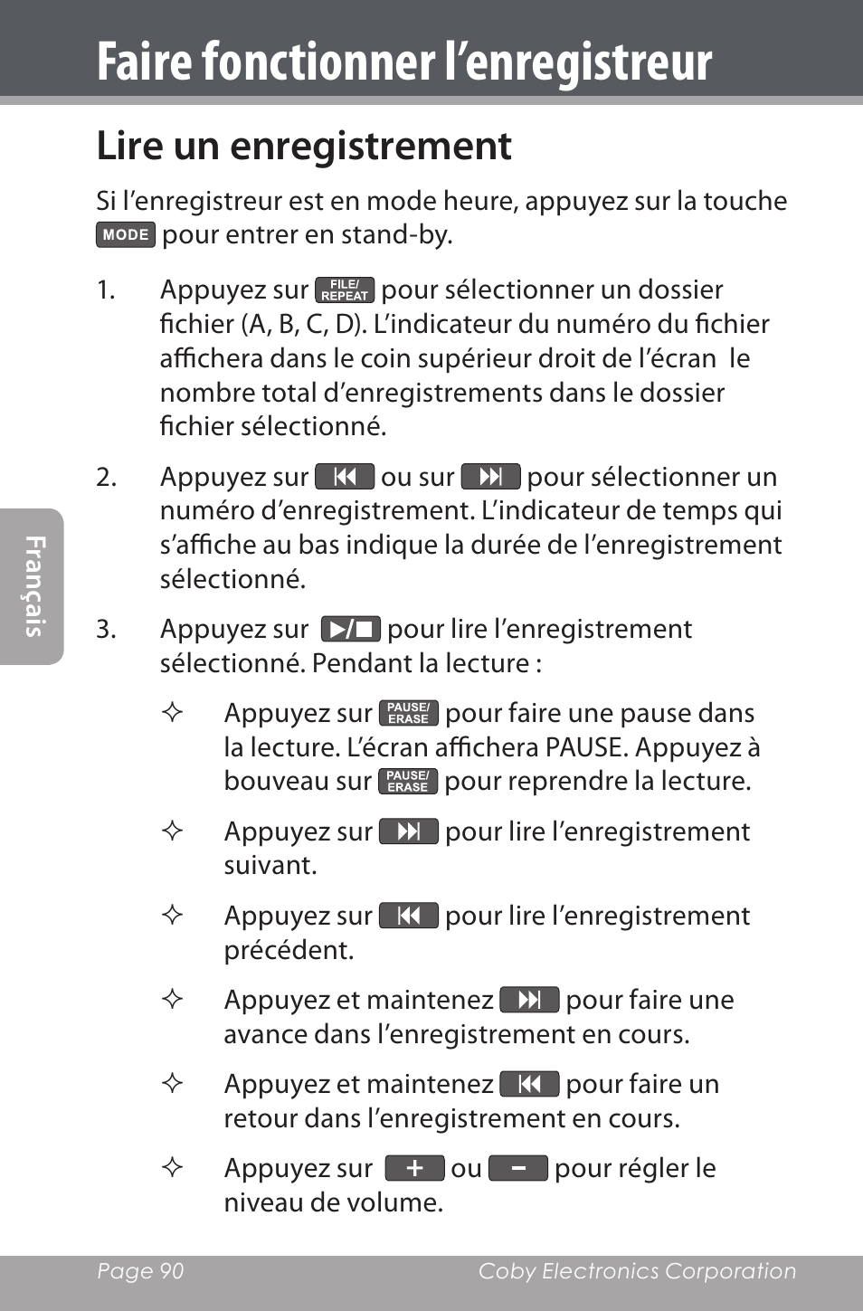 Lire un enregistrement, Faire fonctionner l’enregistreur | COBY electronic CXR190-1G User Manual | Page 90 / 116