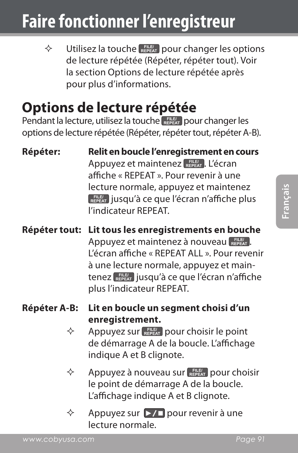 Faire fonctionner l’enregistreur, Options de lecture répétée | COBY electronic CXR190-1G User Manual | Page 91 / 116