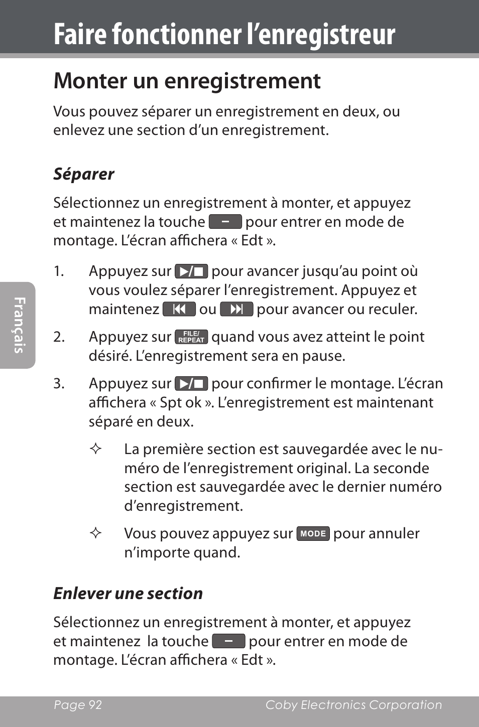 Monter un enregistrement, Séparer, Enlever une section | Faire fonctionner l’enregistreur | COBY electronic CXR190-1G User Manual | Page 92 / 116