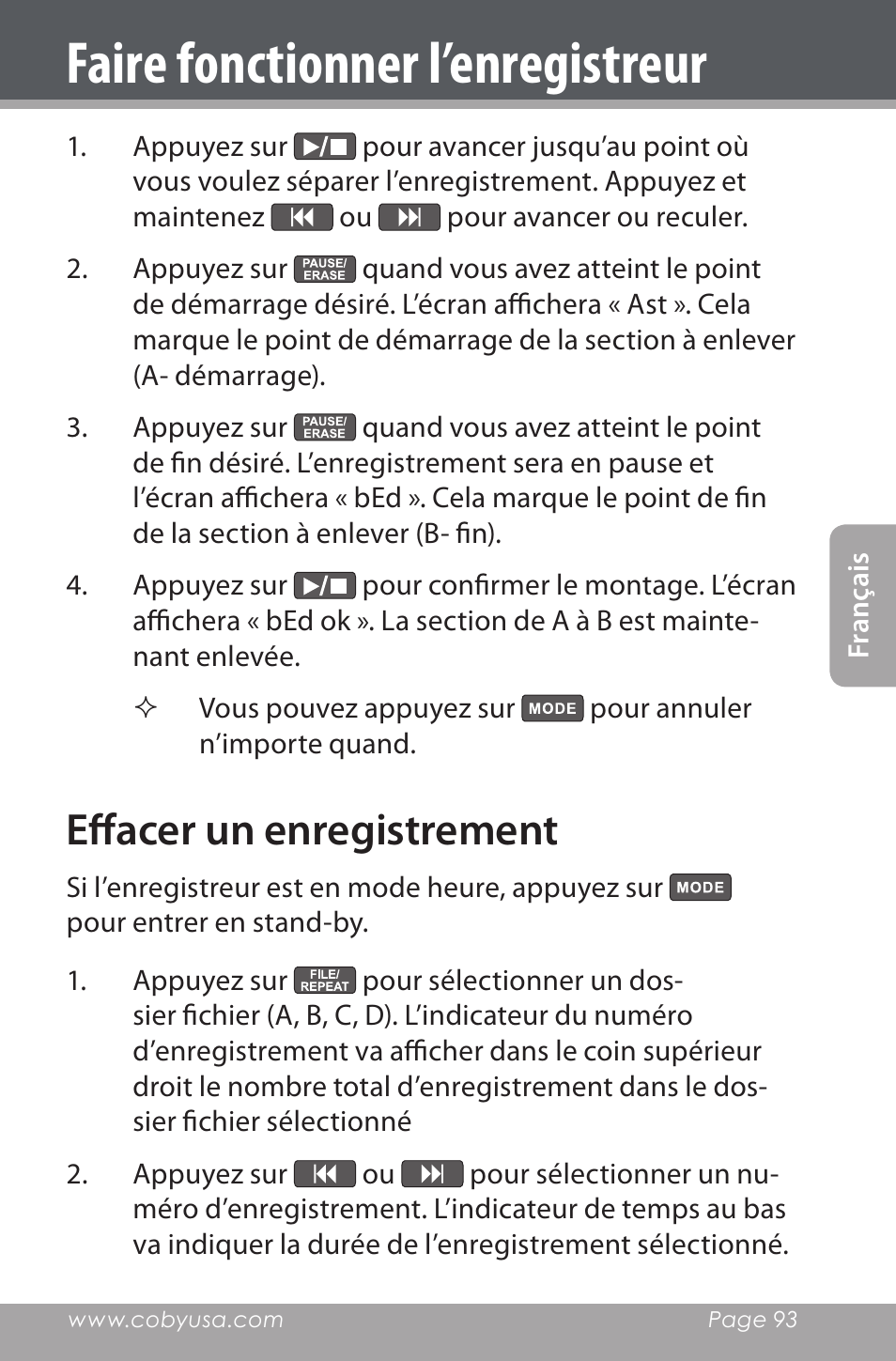 Effacer un enregistrement, Faire fonctionner l’enregistreur | COBY electronic CXR190-1G User Manual | Page 93 / 116