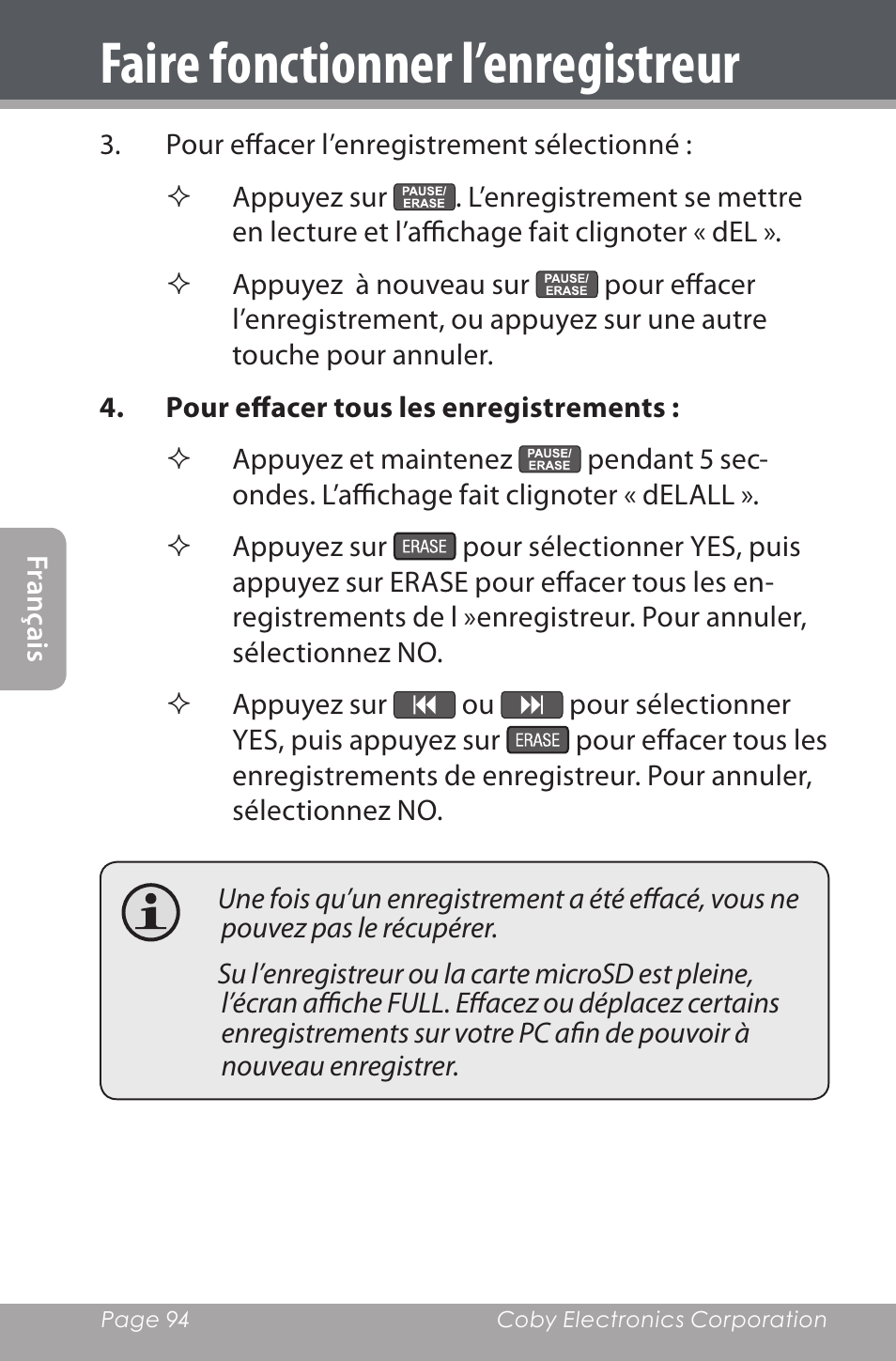 Faire fonctionner l’enregistreur | COBY electronic CXR190-1G User Manual | Page 94 / 116