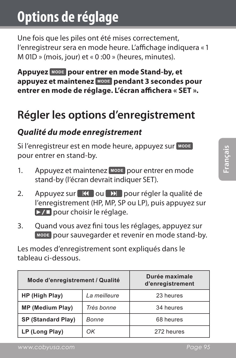 Options de réglage, Régler les options d’enregistrement, Qualité du mode enregistrement | COBY electronic CXR190-1G User Manual | Page 95 / 116