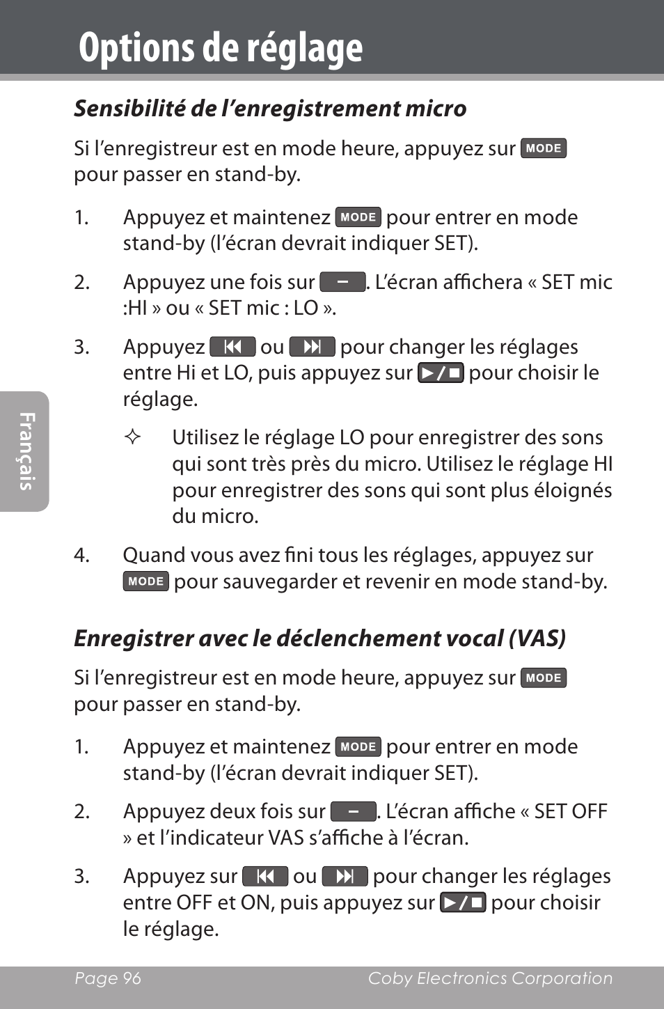 Sensibilité de l’enregistrement micro, Enregistrer avec le déclenchement vocal (vas), Options de réglage | COBY electronic CXR190-1G User Manual | Page 96 / 116