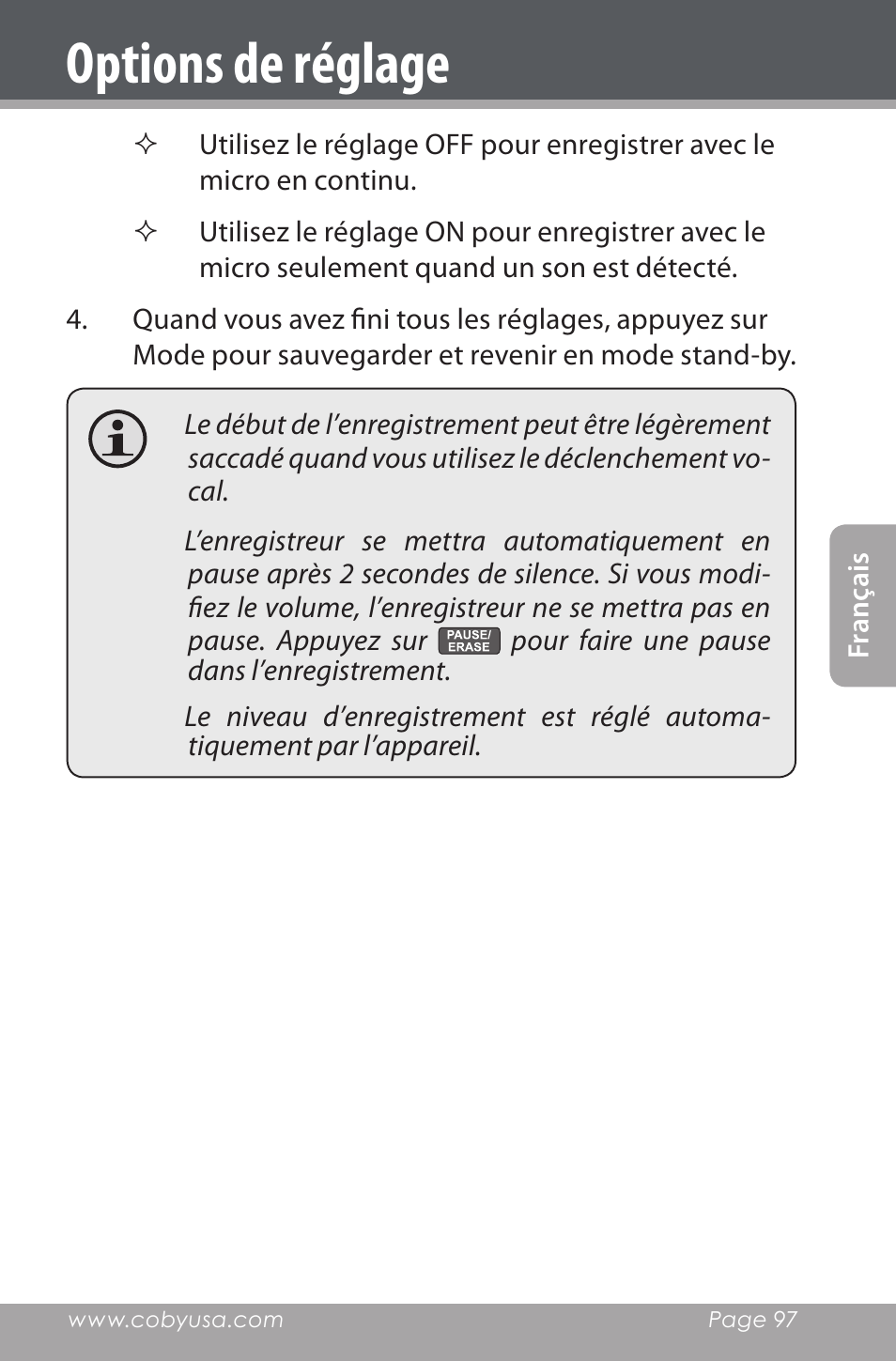 Options de réglage | COBY electronic CXR190-1G User Manual | Page 97 / 116