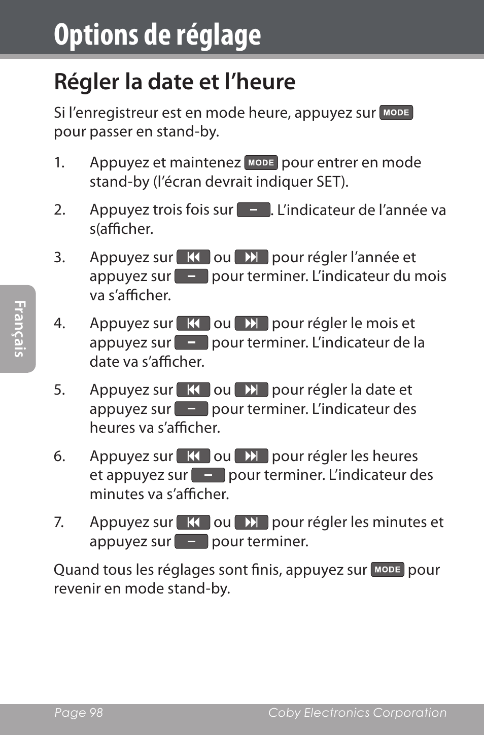 Régler la date et l’heure, Options de réglage | COBY electronic CXR190-1G User Manual | Page 98 / 116