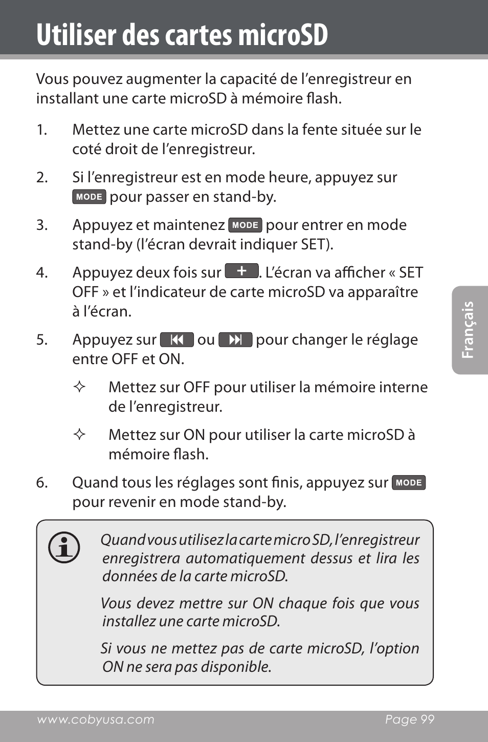 Utiliser des cartes microsd | COBY electronic CXR190-1G User Manual | Page 99 / 116