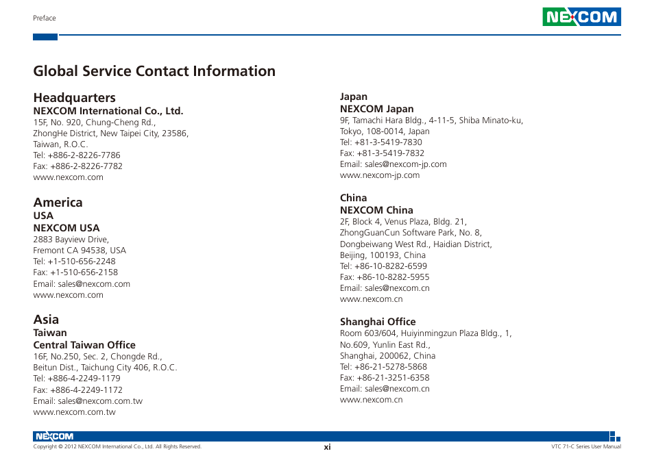 Global service contact information, Headquarters, America | Asia | NEXCOM VTC 7100-C8SK User Manual | Page 11 / 110