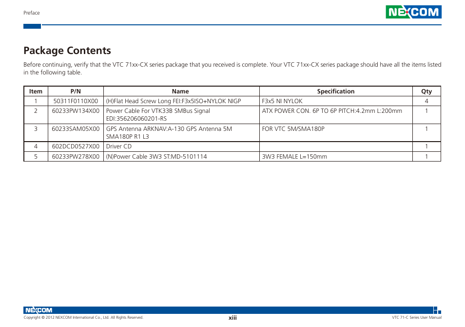 Package contents | NEXCOM VTC 7100-C8SK User Manual | Page 13 / 110