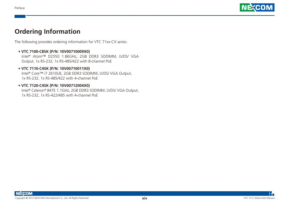 Ordering information | NEXCOM VTC 7100-C8SK User Manual | Page 14 / 110