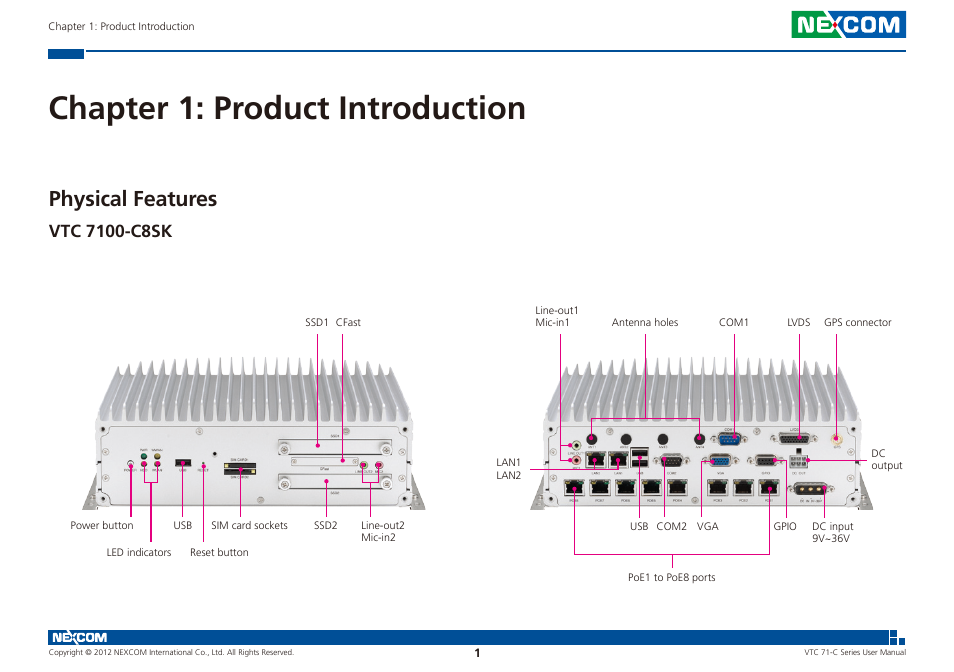 Chapter 1: product introduction, Physical features, Vtc 7100-c8sk | NEXCOM VTC 7100-C8SK User Manual | Page 15 / 110