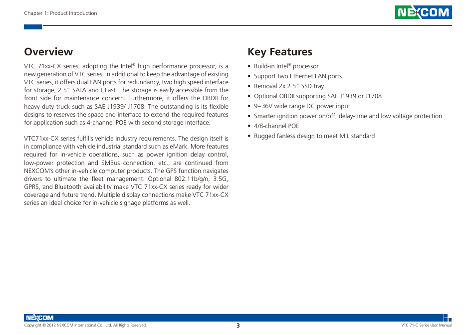 Overview key features, Overview, Key features | NEXCOM VTC 7100-C8SK User Manual | Page 17 / 110