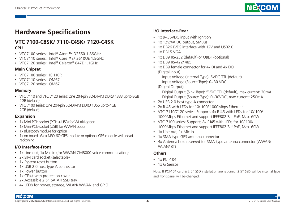 Hardware specifications, Vtc 7100-c8sk/ 7110-c4sk/ 7120-c4sk | NEXCOM VTC 7100-C8SK User Manual | Page 18 / 110