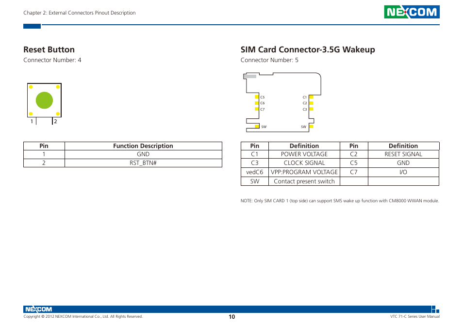Reset button sim card connector-3.5g wakeup, Reset button, Sim card connector-3.5g wakeup | NEXCOM VTC 7100-C8SK User Manual | Page 24 / 110