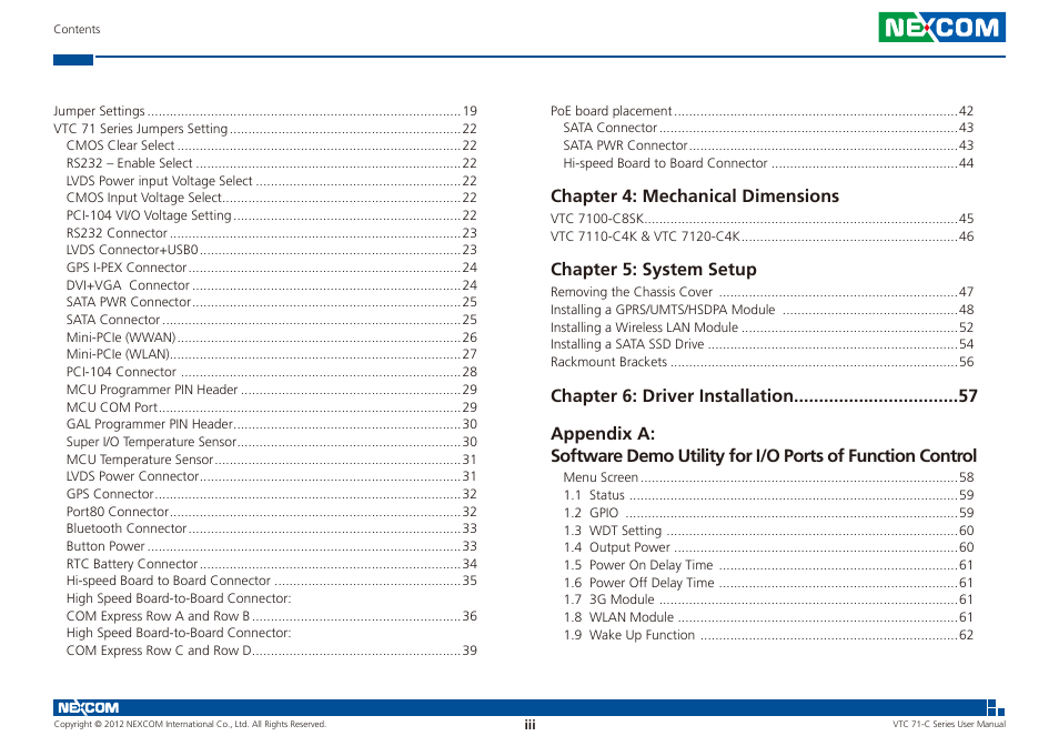 Chapter 4: mechanical dimensions, Chapter 5: system setup | NEXCOM VTC 7100-C8SK User Manual | Page 3 / 110