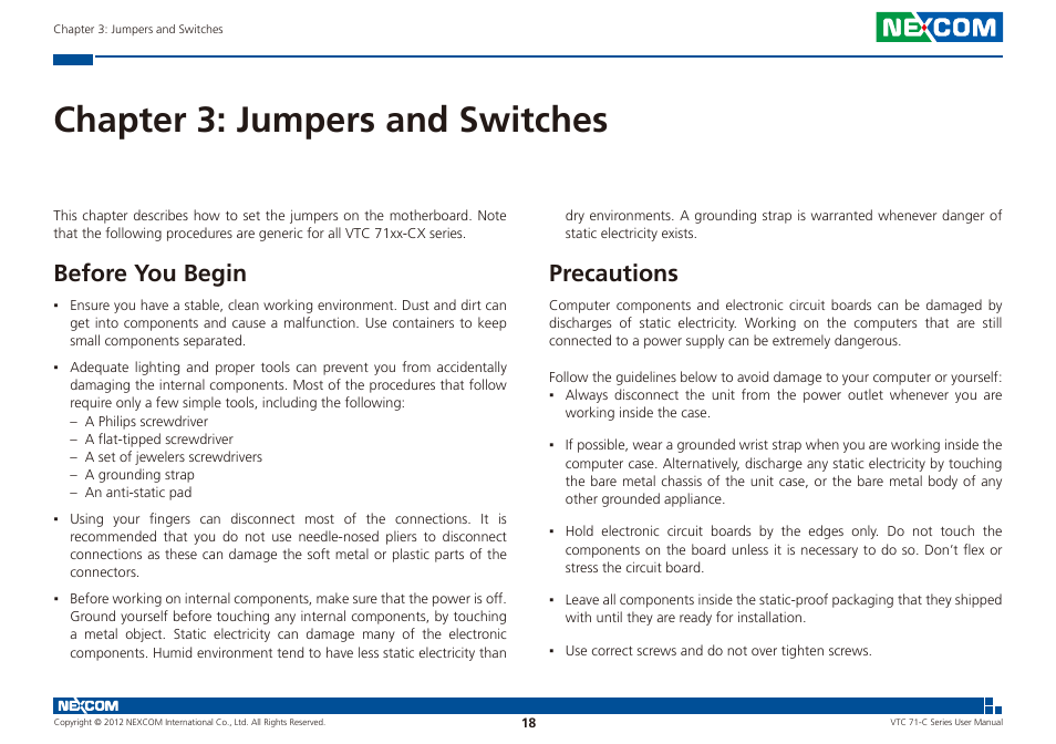 Chapter 3: jumpers and switches, Before you begin precautions, Before you begin | Precautions | NEXCOM VTC 7100-C8SK User Manual | Page 32 / 110