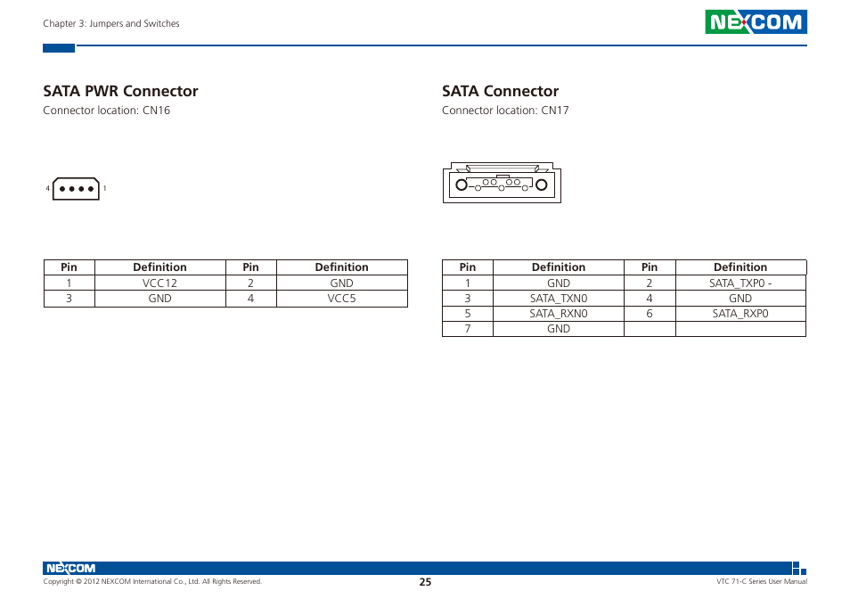 Sata pwr connector sata connector, Sata pwr connector, Sata connector | NEXCOM VTC 7100-C8SK User Manual | Page 39 / 110