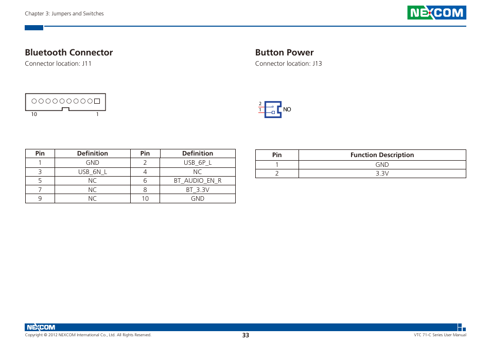 Bluetooth connector button power, Bluetooth connector, Button power | NEXCOM VTC 7100-C8SK User Manual | Page 47 / 110