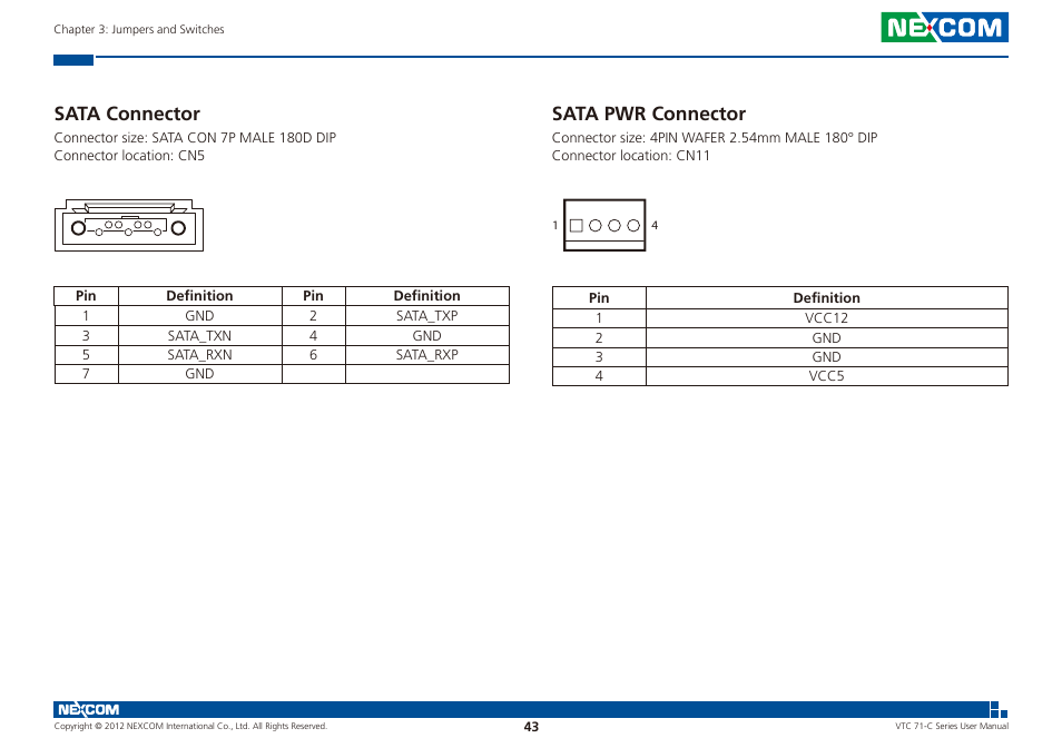 Sata connector sata pwr connector, Sata connector, Sata pwr connector | NEXCOM VTC 7100-C8SK User Manual | Page 57 / 110