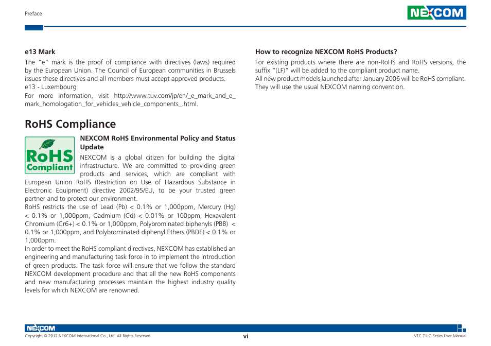 Rohs compliance | NEXCOM VTC 7100-C8SK User Manual | Page 6 / 110