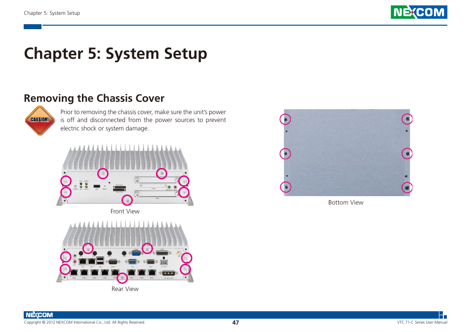 Chapter 5: system setup, Removing the chassis cover | NEXCOM VTC 7100-C8SK User Manual | Page 61 / 110