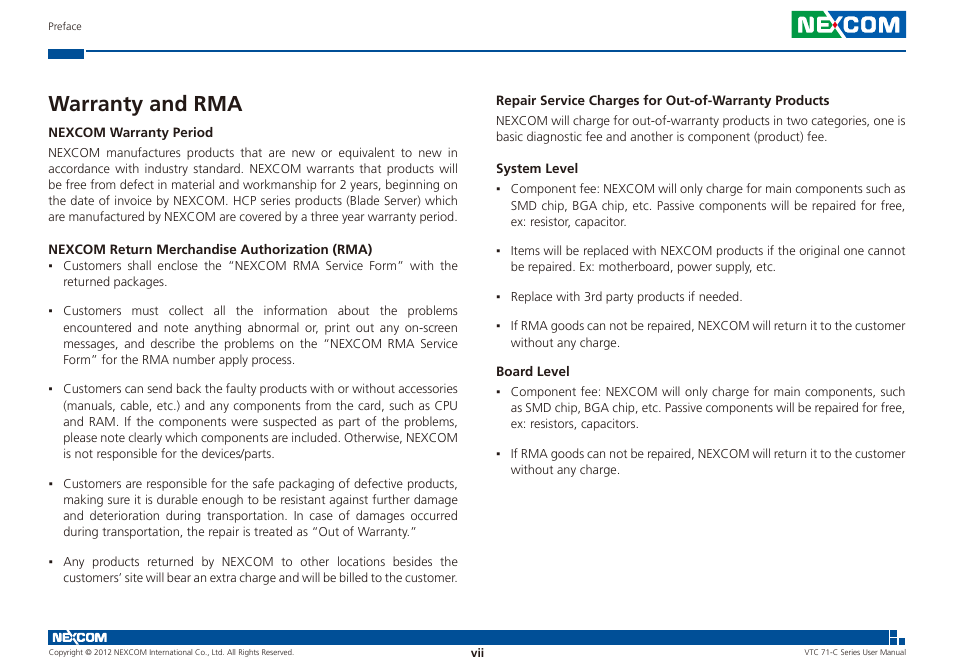 Warranty and rma | NEXCOM VTC 7100-C8SK User Manual | Page 7 / 110