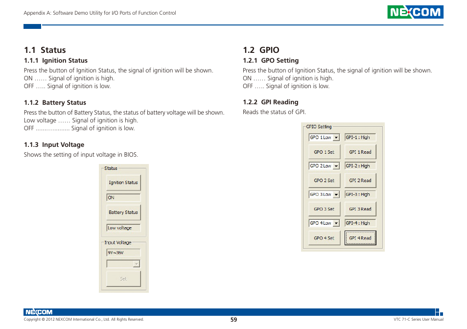 1 status 1.2 gpio, 1 status, 2 gpio | NEXCOM VTC 7100-C8SK User Manual | Page 73 / 110