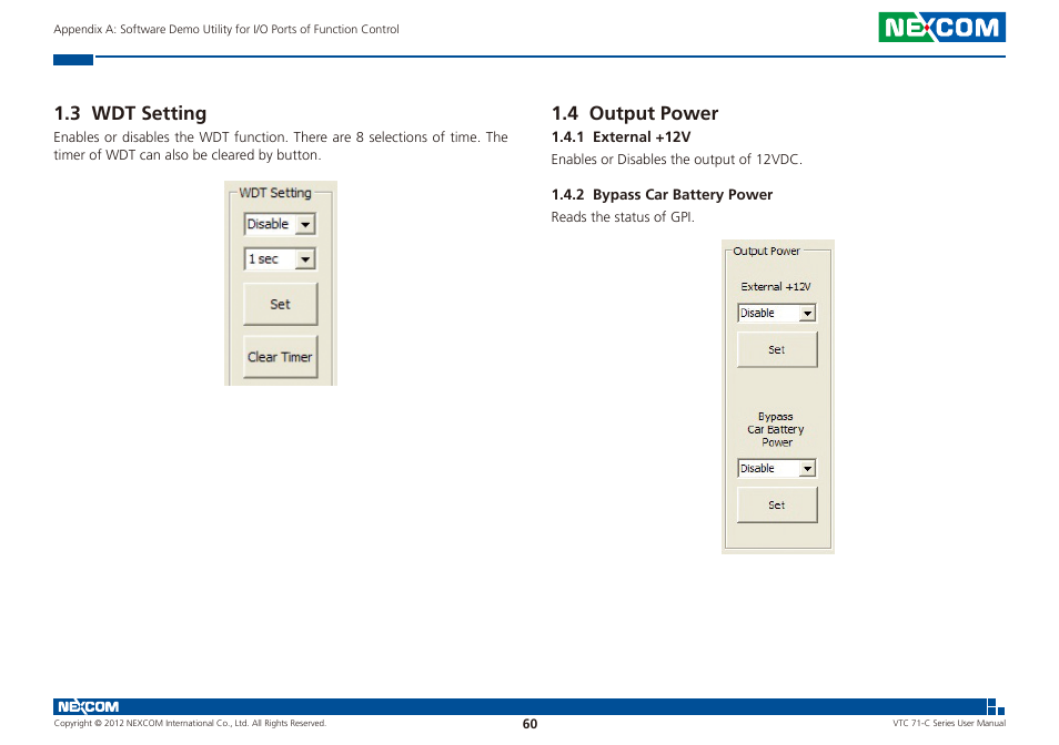 3 wdt setting 1.4 output power, 3 wdt setting, 4 output power | NEXCOM VTC 7100-C8SK User Manual | Page 74 / 110