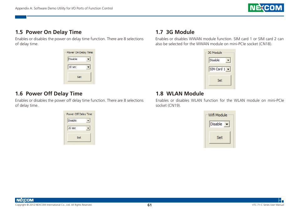 5 power on delay time, 6 power off delay time, 7 3g module | 8 wlan module | NEXCOM VTC 7100-C8SK User Manual | Page 75 / 110