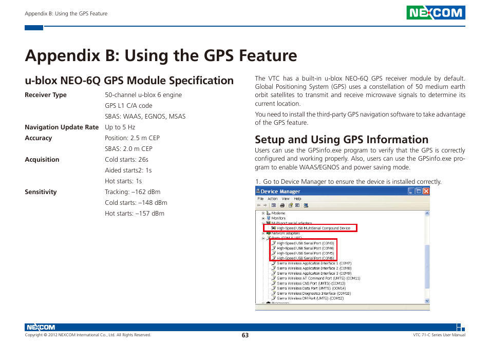 Appendix b: using the gps feature, Setup and using gps information, U-blox neo-6q gps module specification | NEXCOM VTC 7100-C8SK User Manual | Page 77 / 110